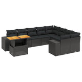 10 Piece Garden Sofa Set with Cushions Black Poly Rattan - Front View