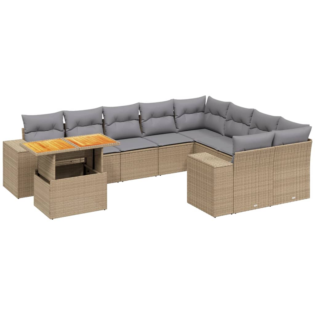 10 Piece Garden Sofa Set with Cushions Beige Poly Rattan