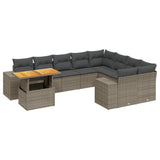 10 Piece Garden Sofa Set with Cushions Grey Poly Rattan - Front View