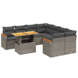 9 Piece Garden Sofa Set with Cushions Grey Poly Rattan - Front View