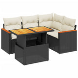 5 Piece Garden Sofa Set with Cushions Black Poly Rattan - Front View