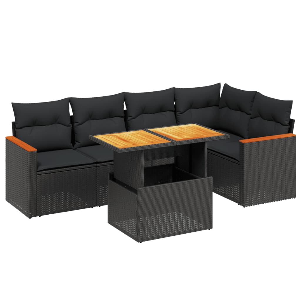 6 Piece Garden Sofa Set with Cushions Black Poly Rattan