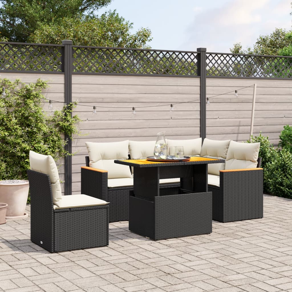 6 Piece Garden Sofa Set with Cushions Black Poly Rattan