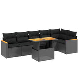 7 Piece Garden Sofa Set with Cushions Black Poly Rattan - Front View