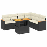 7 Piece Garden Sofa Set with Cushions Black Poly Rattan - Front View