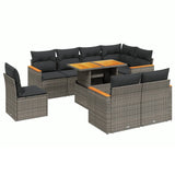 9 Piece Garden Sofa Set with Cushions Grey Poly Rattan - Front View