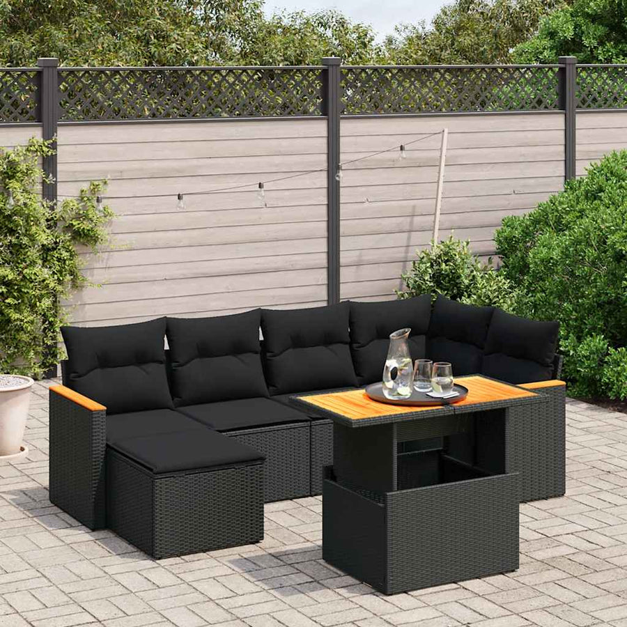 7 Piece Garden Sofa Set with Cushions Black Poly Rattan