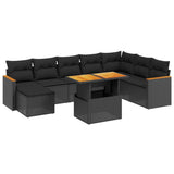 9 Piece Garden Sofa Set with Cushions Black Poly Rattan - Front View