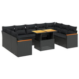 10 Piece Garden Sofa Set with Cushions Black Poly Rattan - Front View
