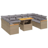 10 Piece Garden Sofa Set with Cushions Beige Poly Rattan - Front View