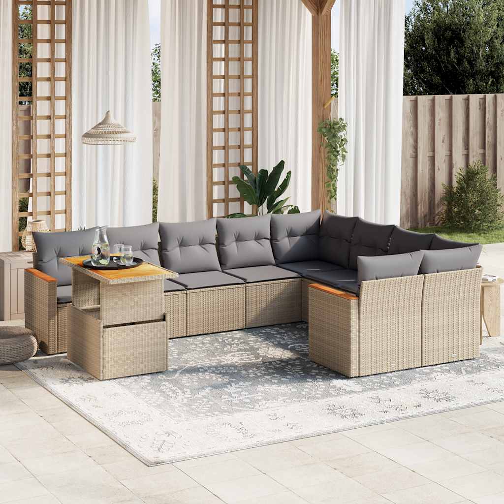 10 Piece Garden Sofa Set with Cushions Beige Poly Rattan