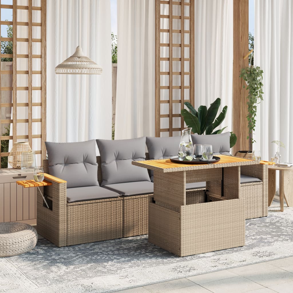 5 Piece Garden Sofa Set with Cushions Beige Poly Rattan