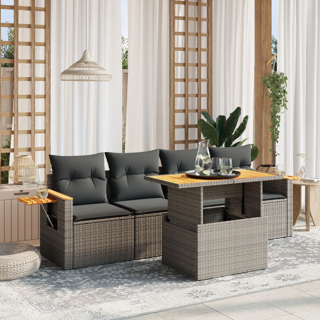 5 Piece Garden Sofa Set with Cushions Grey Poly Rattan