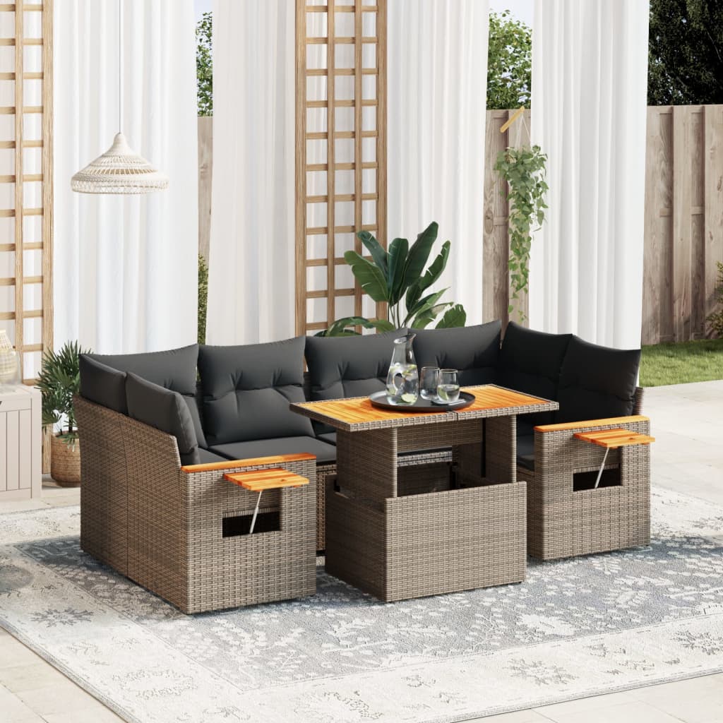 7 Piece Garden Sofa Set with Cushions Grey Poly Rattan