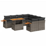 9 Piece Garden Sofa Set with Cushions Grey Poly Rattan - Front View