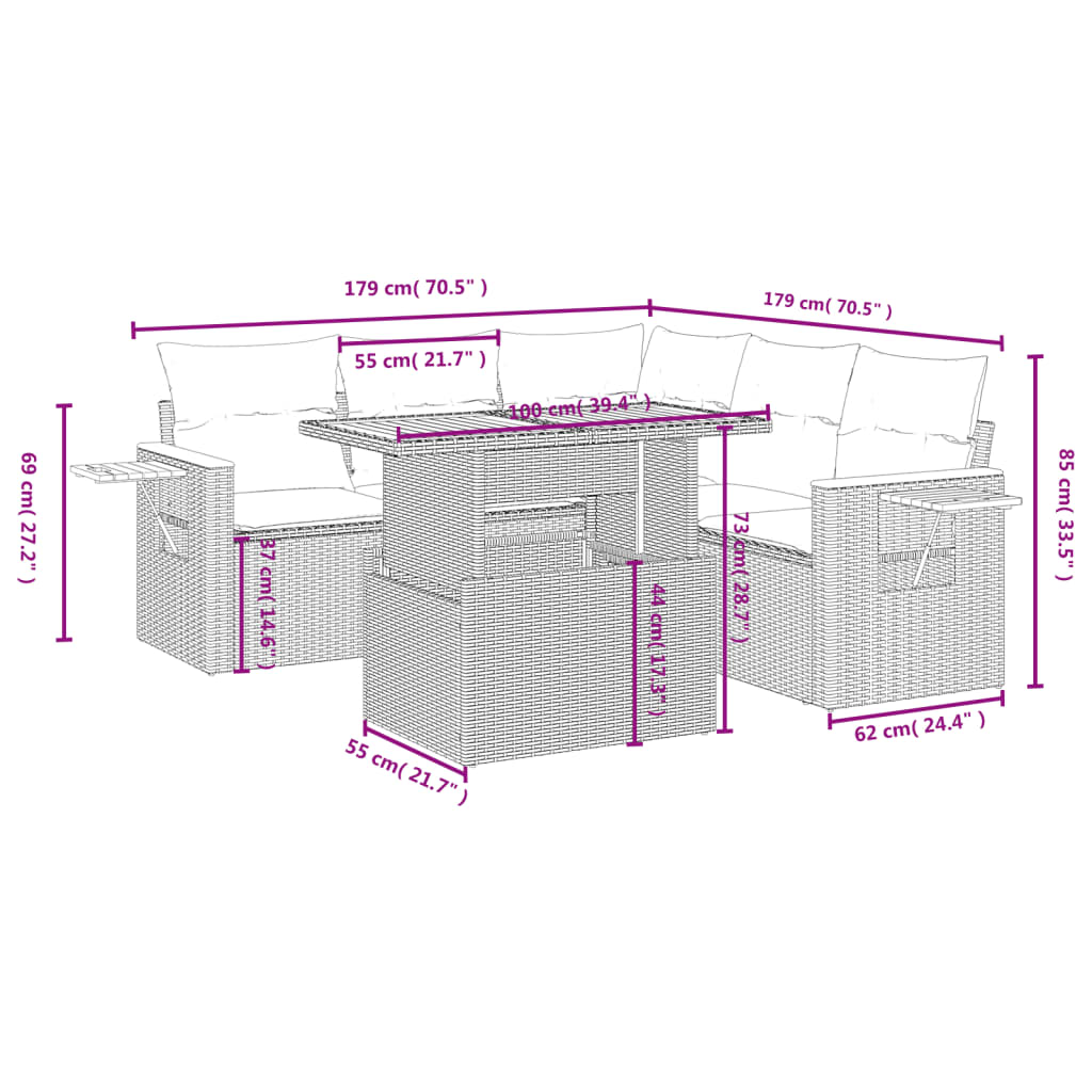 6 Piece Garden Sofa Set with Cushions Grey Poly Rattan