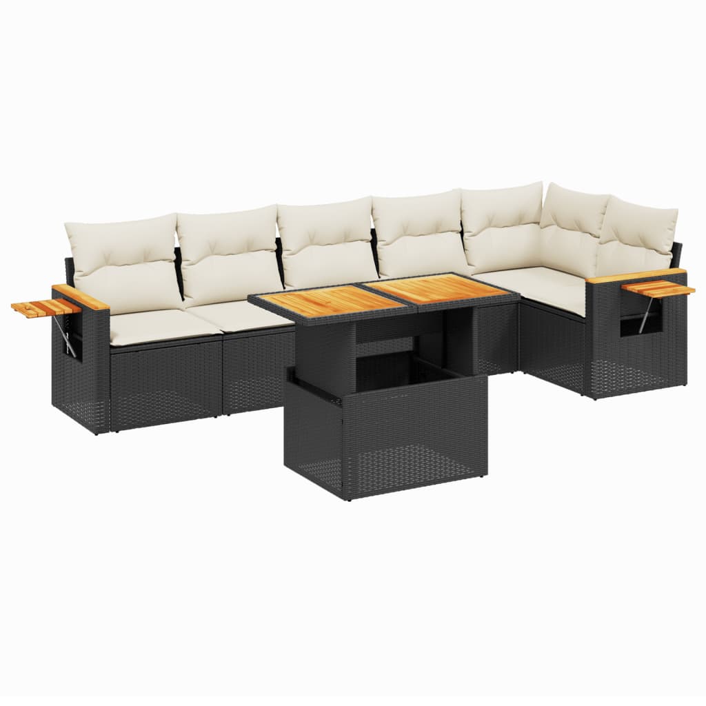 7 Piece Garden Sofa Set with Cushions Black Poly Rattan