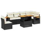 7 Piece Garden Sofa Set with Cushions Black Poly Rattan - Front View