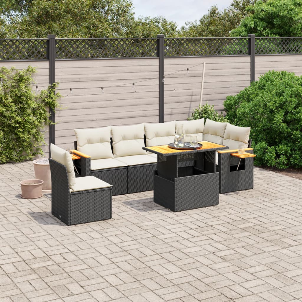 7 Piece Garden Sofa Set with Cushions Black Poly Rattan