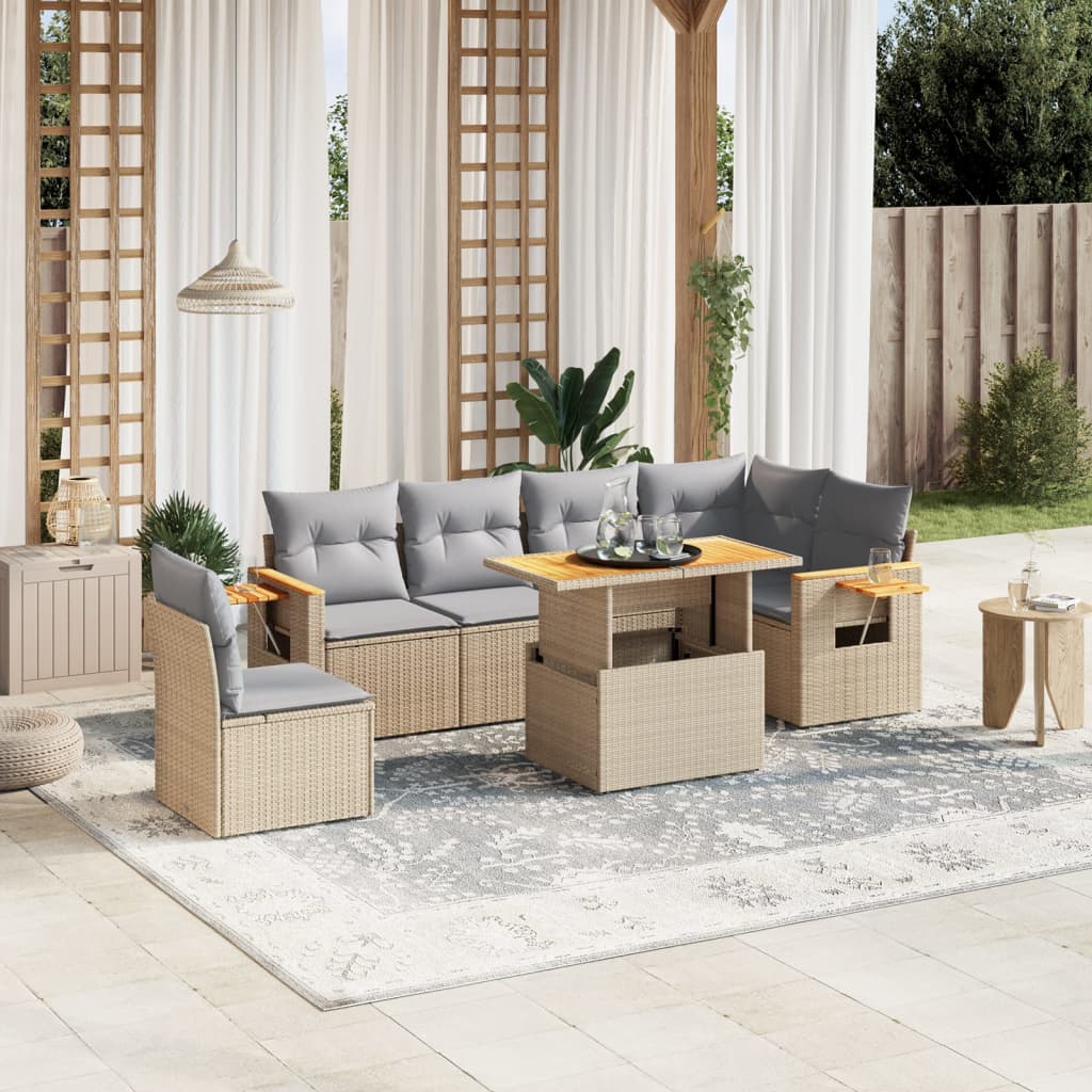 7 Piece Garden Sofa Set with Cushions Beige Poly Rattan