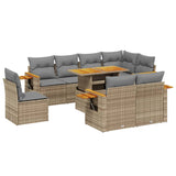 9 Piece Garden Sofa Set with Cushions Beige Poly Rattan - Front View