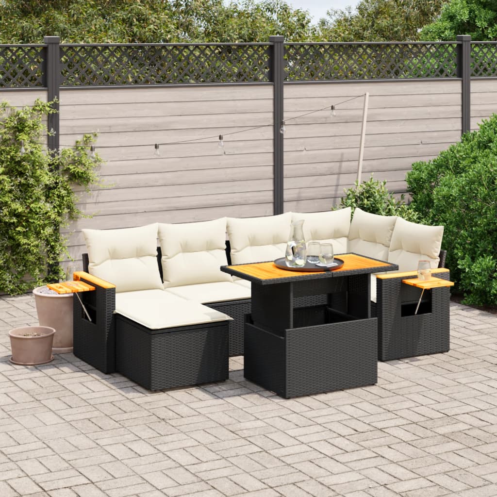 7 Piece Garden Sofa Set with Cushions Black Poly Rattan