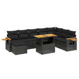 9 Piece Garden Sofa Set with Cushions Black Poly Rattan - Front View