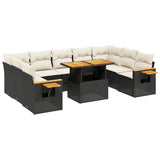 10 Piece Garden Sofa Set with Cushions Black Poly Rattan - Front View