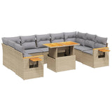 10 Piece Garden Sofa Set with Cushions Beige Poly Rattan - Front View