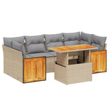 7 Piece Garden Sofa Set with Cushions Beige Poly Rattan - Front View