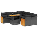 9 Piece Garden Sofa Set with Cushions Black Poly Rattan - Front View