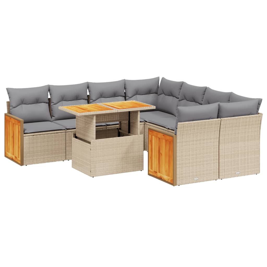 9 Piece Garden Sofa Set with Cushions Beige Poly Rattan