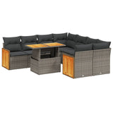 9 Piece Garden Sofa Set with Cushions Grey Poly Rattan - Front View