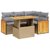 5 Piece Garden Sofa Set with Cushions Beige Poly Rattan - Front View