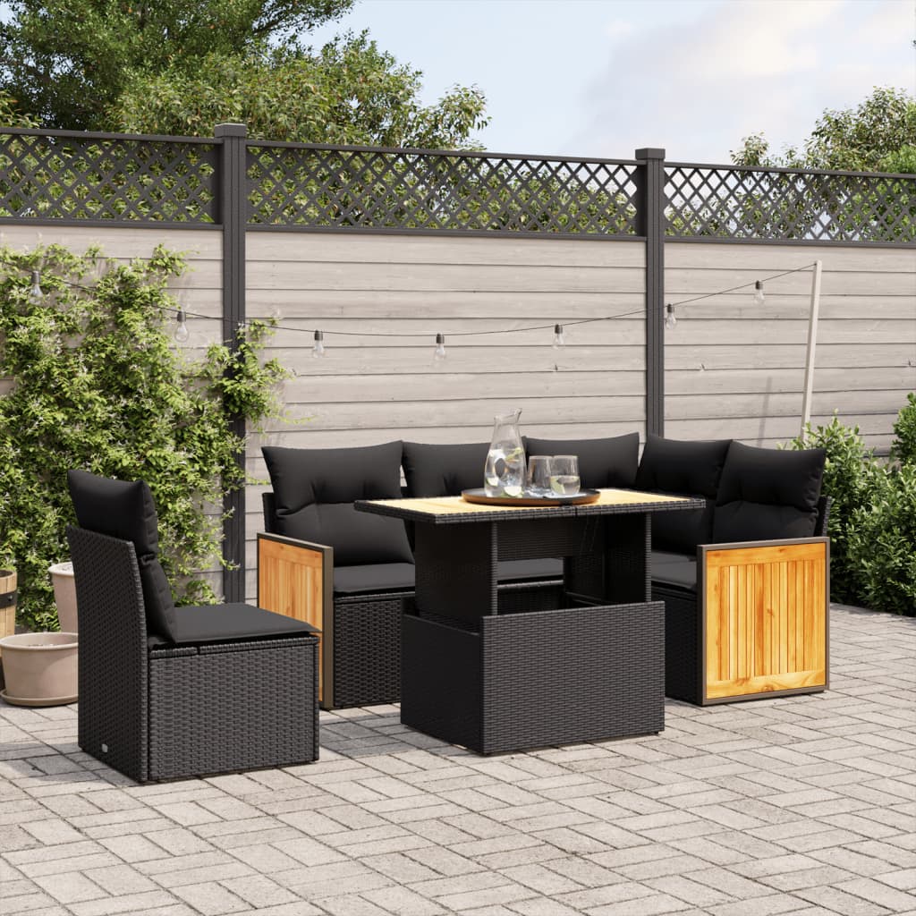 6 Piece Garden Sofa Set with Cushions Black Poly Rattan