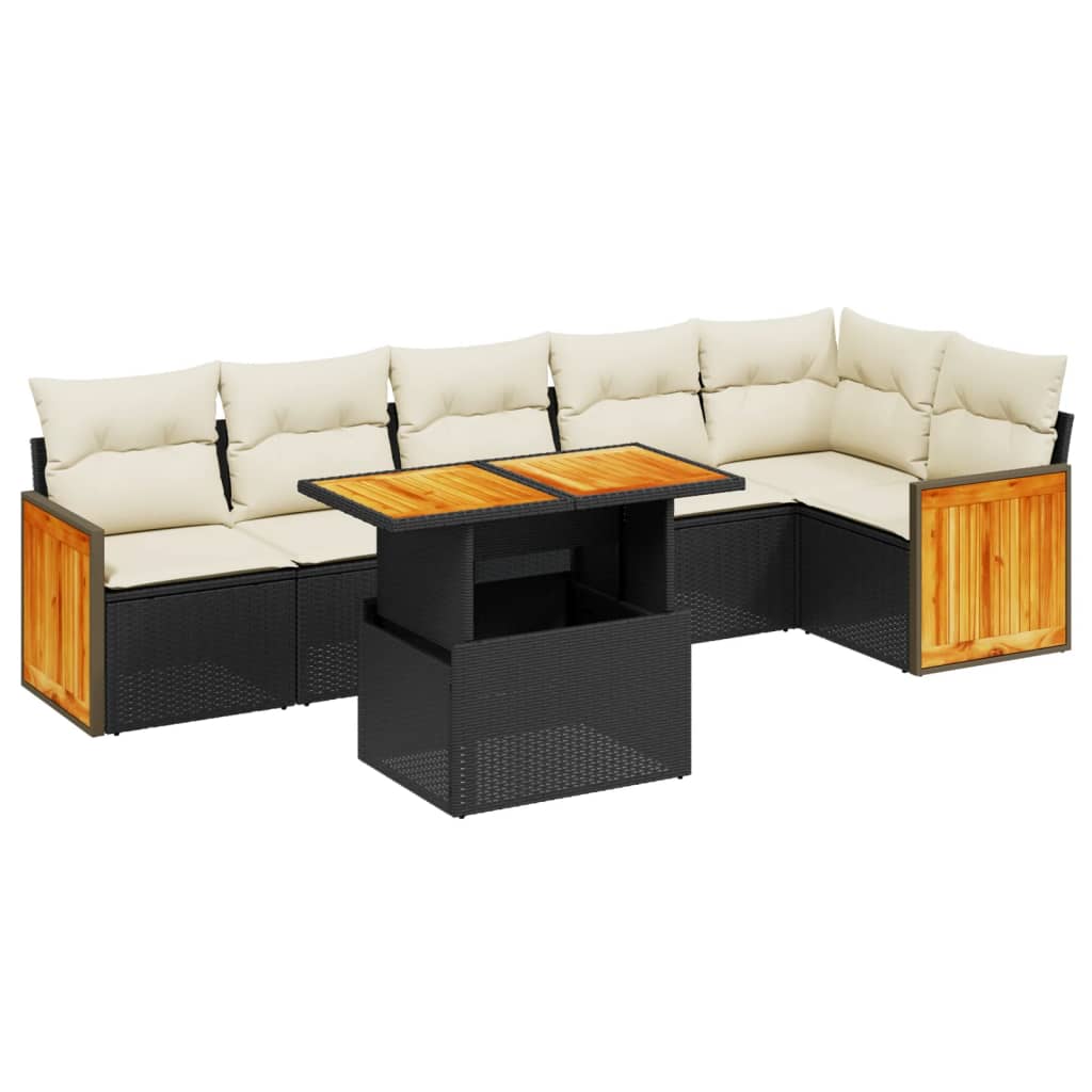 7 Piece Garden Sofa Set with Cushions Black Poly Rattan