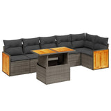 7 Piece Garden Sofa Set with Cushions Grey Poly Rattan - Front View