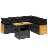 7 Piece Garden Sofa Set with Cushions Black Poly Rattan - Front View