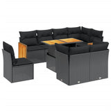 9 Piece Garden Sofa Set with Cushions Black Poly Rattan - Front View