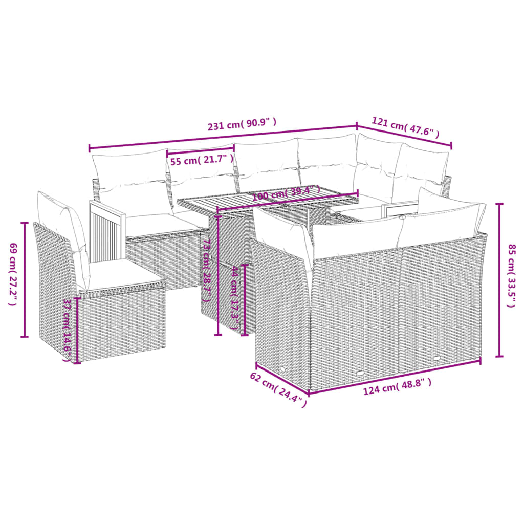 9 Piece Garden Sofa Set with Cushions Grey Poly Rattan