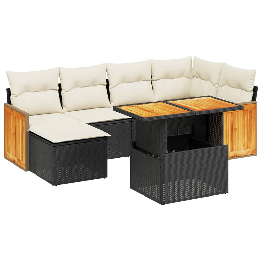 7 Piece Garden Sofa Set with Cushions Black Poly Rattan