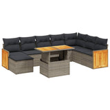 9 Piece Garden Sofa Set with Cushions Grey Poly Rattan - Front View