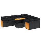 10 Piece Garden Sofa Set with Cushions Black Poly Rattan - Front View