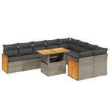10 Piece Garden Sofa Set with Cushions Grey Poly Rattan - Front View