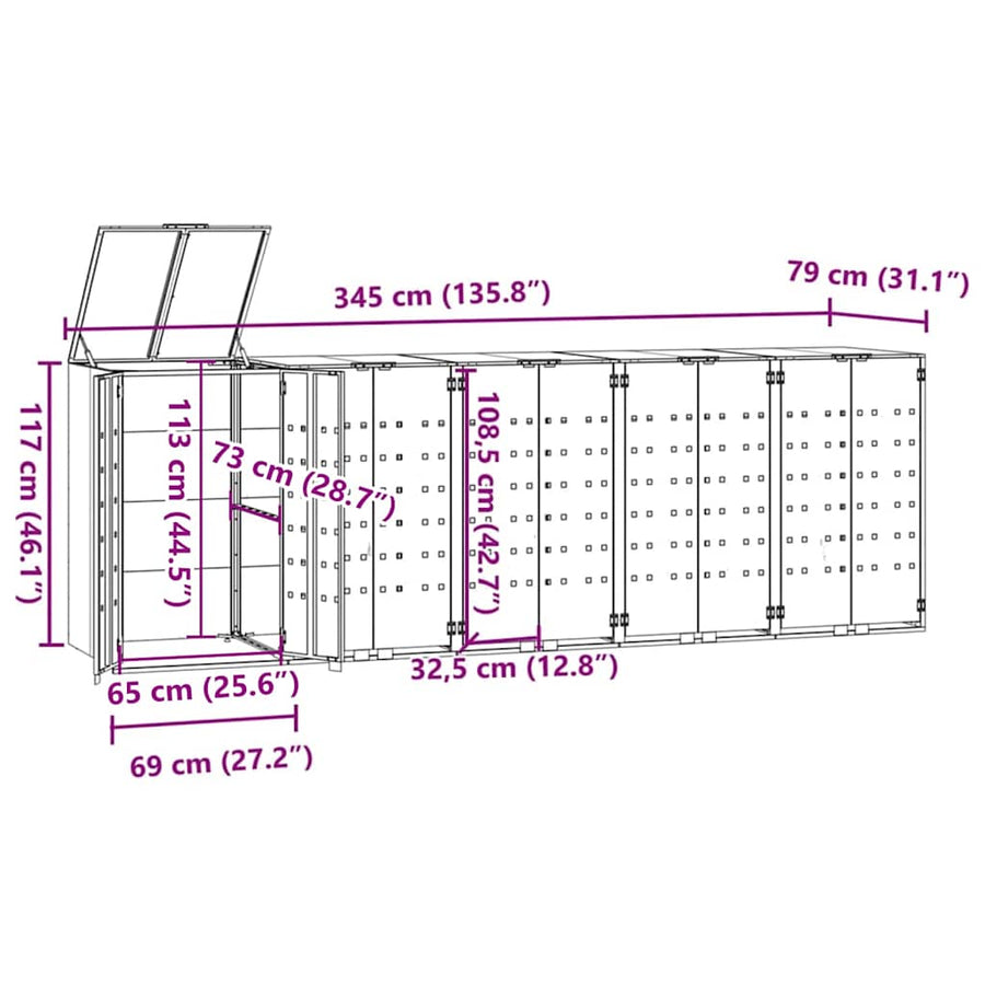 Wheelie Bin Storage for 5 Bins Grey 345x79x117 cm Steel