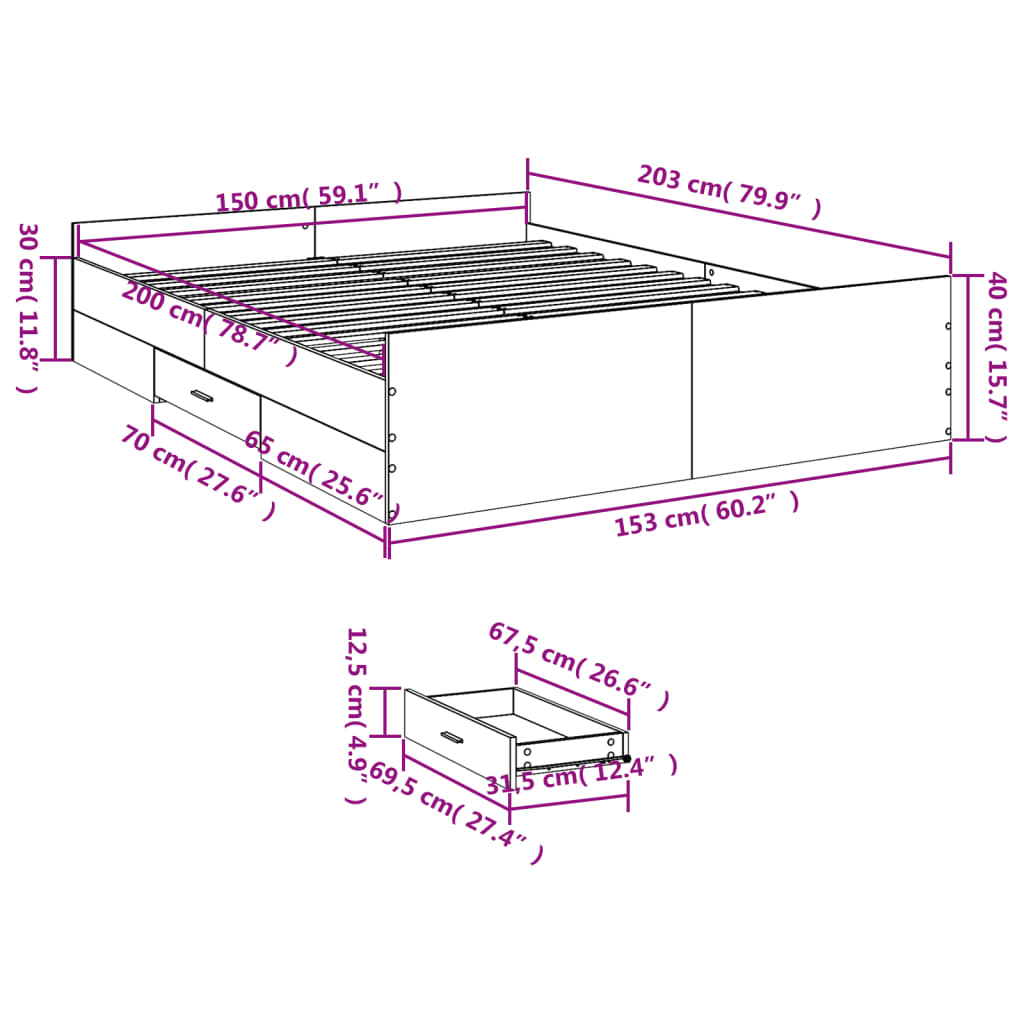 Bed Frame with Drawers without Mattress White 150x200 cm