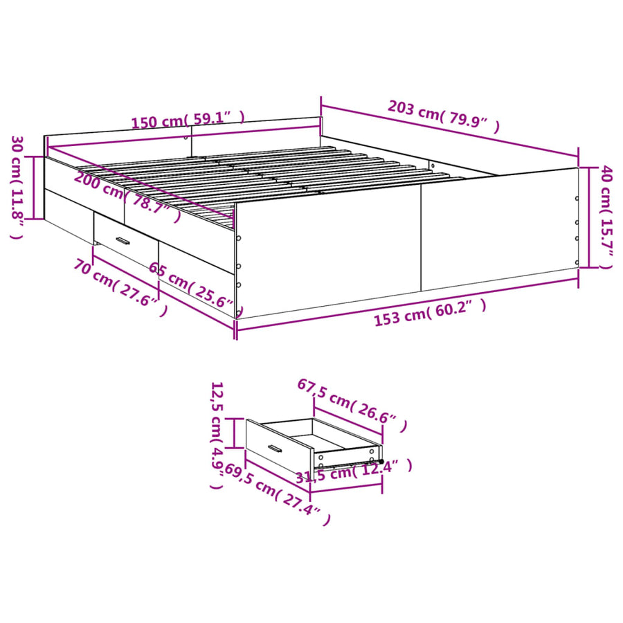 Bed Frame with Drawers without Mattress White 150x200 cm