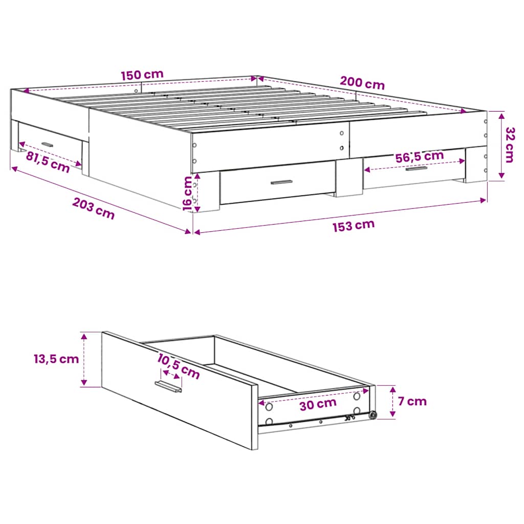 Bed Frame with Drawers without Mattress White 150x200 cm