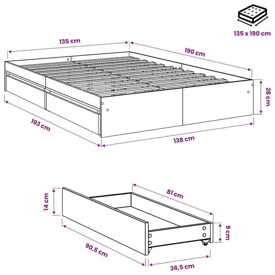 Bed Frame with Drawers without Mattress White 135x190 cm