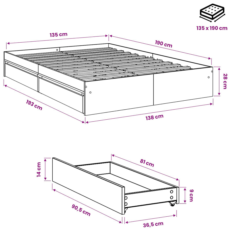 Bed Frame with Drawers without Mattress White 135x190 cm